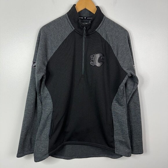 Calgary Flames NHL Authentic Pro Fanatics  Half Zip Pullover Sweater Waffle Knit - Picture 1 of 3